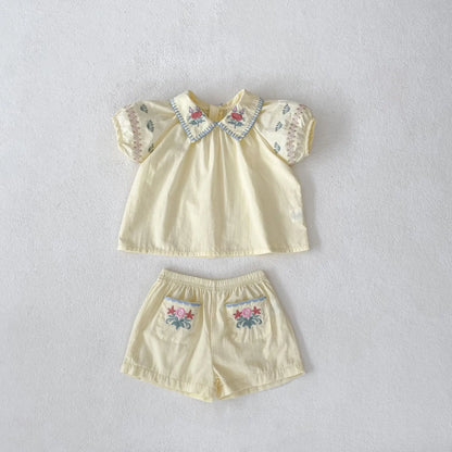 半袖セットアップ beige / 73cm 6-9m ベビーセットアップ 2点セット 半袖パフスリーブブラウス+ショートパンツ フラワー花柄刺繍 ベージュ