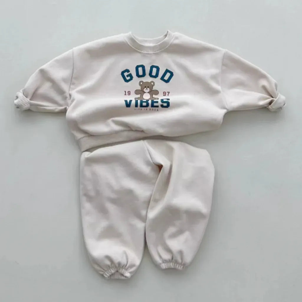 長袖セットアップ Beige / 73cm 6-9m ベビーセットアップ 2点セット スウェットトレーナー+スウェットパンツ ベアくまプリント 3カラー