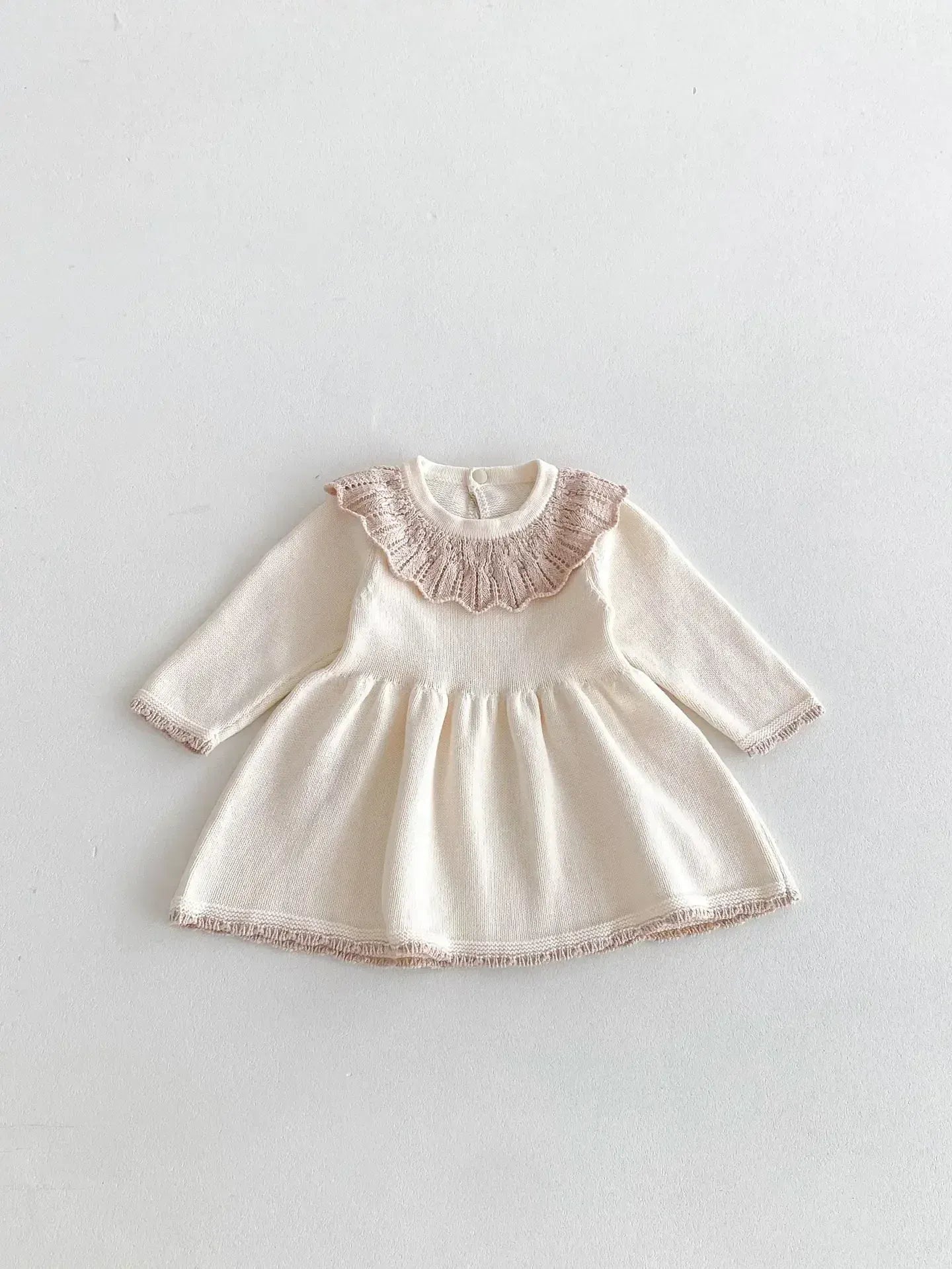 長袖ワンピース Beige / 73cm 6-9M ベビーキッズ レースラッフルカラーニット長袖ワンピース 2カラー【mh0007134】