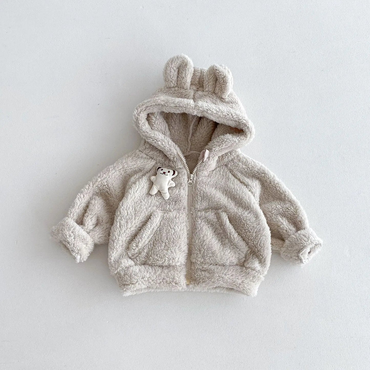 カーディガン・パーカー Beige / 73cm 6-9M ベビーキッズアウター ファーフリースベアくま耳付きフーディジッパーパーカージャケット 2カラー【mh0007516】