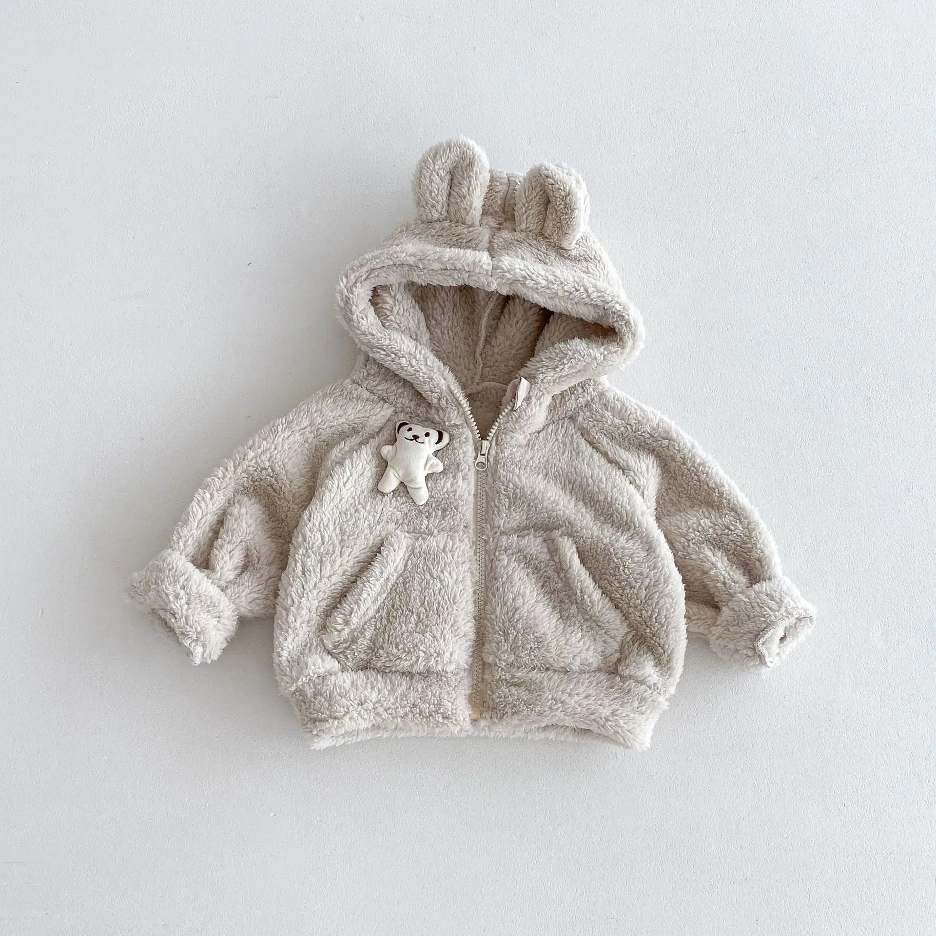 カーディガン・パーカー Beige / 73cm 6-9M ベビーキッズアウター ファーフリースベアくま耳付きフーディジッパーパーカージャケット 2カラー【mh0007516】
