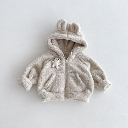カーディガン・パーカー Beige / 73cm 6-9M ベビーキッズアウター ファーフリースベアくま耳付きフーディジッパーパーカージャケット 2カラー【mh0007516】