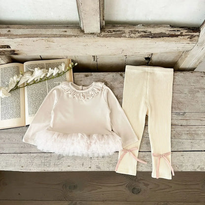 長袖セットアップ Beige / 73cm 6-9M ベビーセットアップ 2点セット 裾チュールフリルペプラム長袖Tシャツ+リボンレギンスパンツ 2カラー【mh0007105】