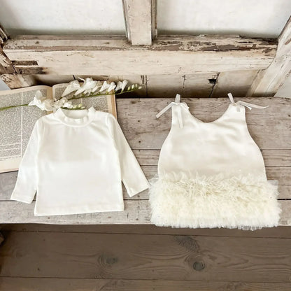 長袖セットアップ Beige / 73cm 6-9M ベビーセットアップ 2点セット ハイネック長袖Tシャツ+裾チュールノースリーブドレスワンピース 2カラー【mh0007604】