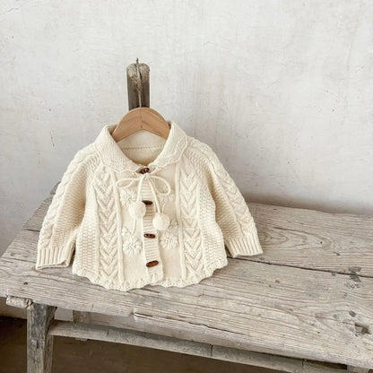 カーディガン・パーカー Beige / 73cm 6-9M ベビーキッズカーディガン アラン編みケーブルニットぽんぽん付きニットジャケット 4カラー【mh0007361】