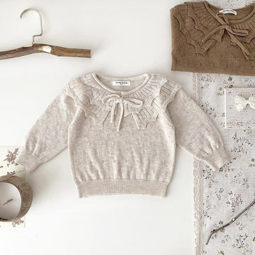 ニット・セーター beige / 73cm / 取り寄せ（7〜21日） ベビー服 キッズ服 長袖 ニット セーター カットソー フリル襟 リボン コーヒー ベージュ 2色 女の子