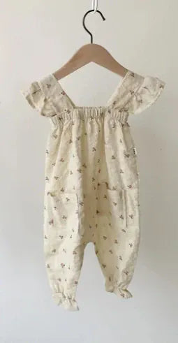 ノースリーブジャンプスーツ Beige / 73cm ベビージャンプスーツ フリルノースリーブつなぎ サロペット 無地/フラワー花柄プリント【mh0006063】