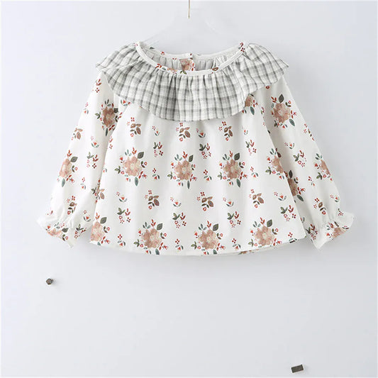 長袖シャツ・ブラウス Beige / 73cm ベビートップス 長袖チュニックブラウス フラワー花柄プリント チェック【mh0006250】