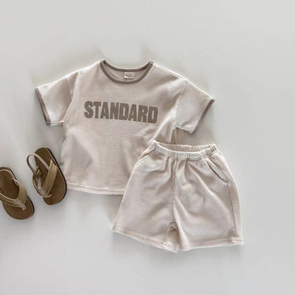 半袖セットアップ Beige / 73cm レターロゴ半袖Tシャツ+ショートパンツセットアップ 2点セット【mh0010366】