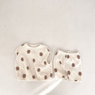 ノースリーブセットアップ Beige / 73cm ベビー ワッフル セットアップ くま ベア ノースリーブ Tシャツ ショートパンツ ボーイズ【mh0002441】