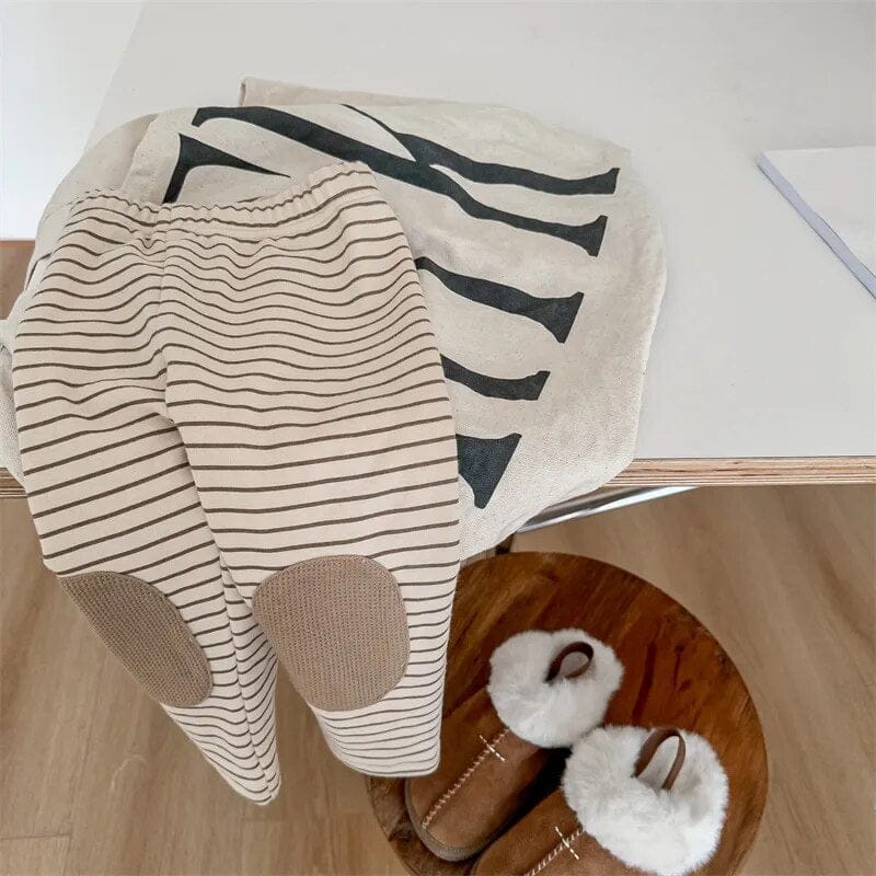レギンスパンツ beige / 80cm キッズ ボーダー 膝パッチ 裏起毛 レギンス レギパン