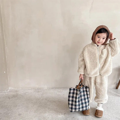 キッズ用フリースセット、ベージュのフード付きジャケット＆パンツ