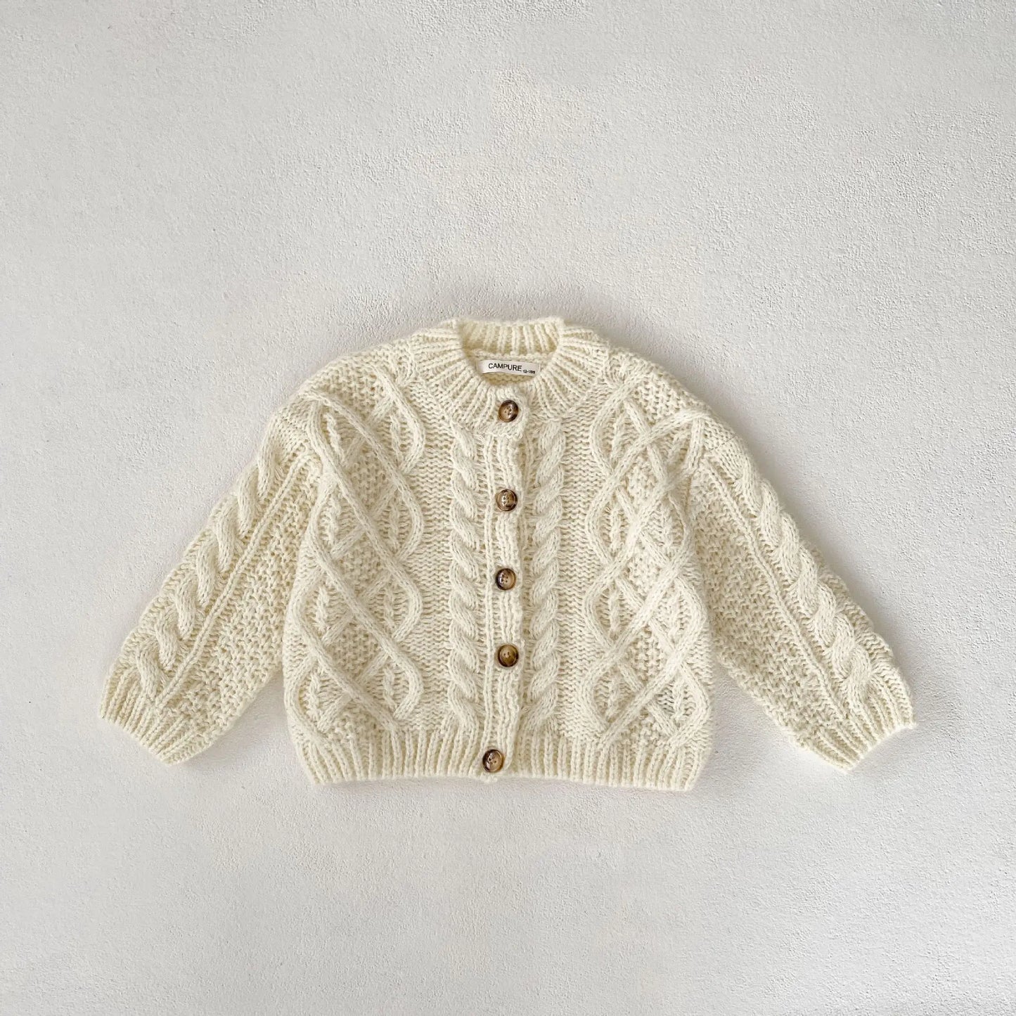 カーディガン・パーカー Beige / 80cm 12M キッズカーディガン アラン編みケーブルニットざっくり長袖ジャケット【mh0008050】