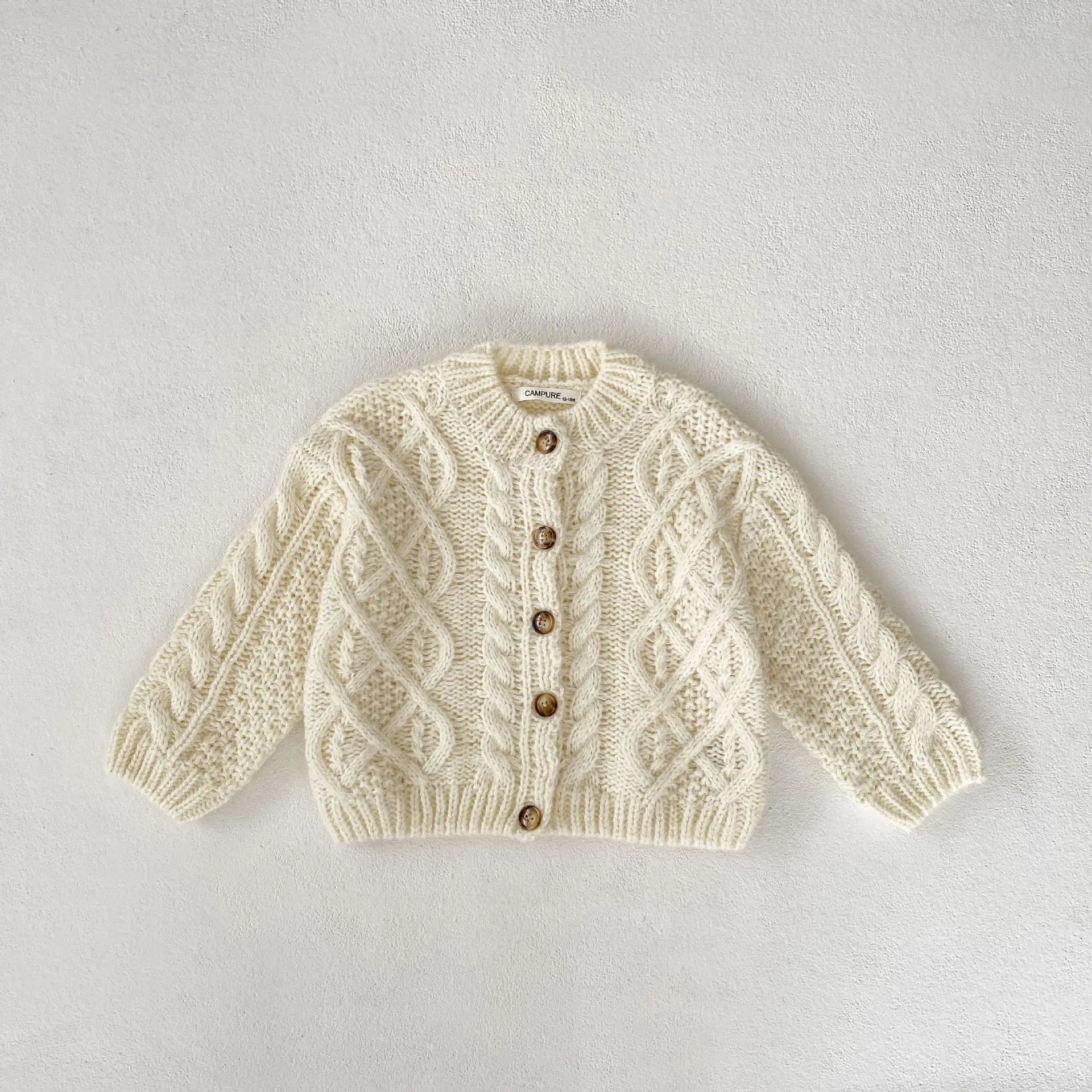 カーディガン・パーカー Beige / 80cm 12M キッズカーディガン アラン編みケーブルニットざっくり長袖ジャケット【mh0008050】