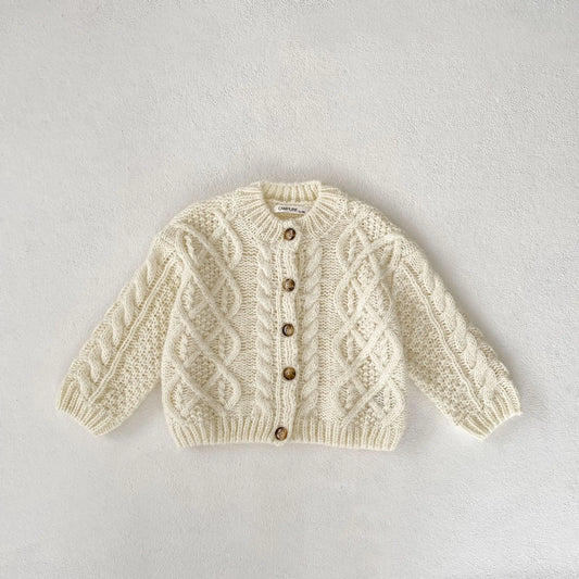 カーディガン・パーカー Beige / 80cm 12M キッズカーディガン アラン編みケーブルニットざっくり長袖ジャケット【mh0008050】