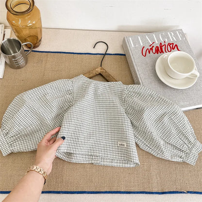 長袖シャツ・ブラウス beige / 80cm キッズトップス 長袖パフスリーブブラウス チュニック チェック柄 ベージュ/ブルー/2カラー
