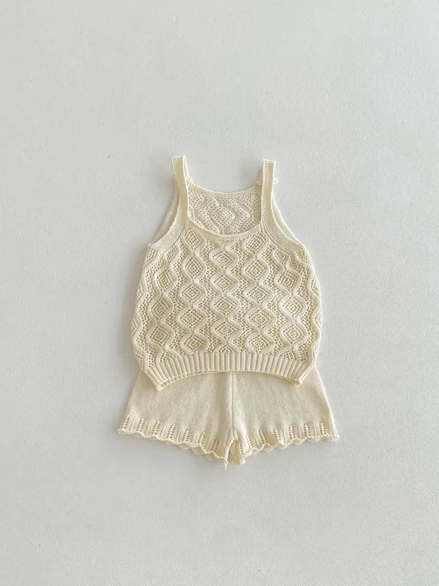 ノースリーブセットアップ Beige / 80cm キッズセットアップ 2点セット レースニット タンクトップベスト+ショートパンツ ベージュ【mh0006118】