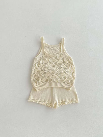 ノースリーブセットアップ Beige / 80cm キッズセットアップ 2点セット レースニット タンクトップベスト+ショートパンツ ベージュ【mh0006118】