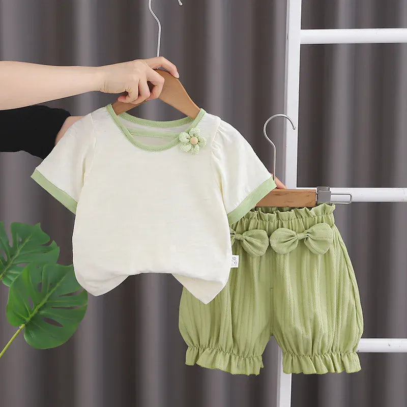 半袖セットアップ Beige / 80cm キッズセットアップ 2点セット 半袖Tシャツ+バルーンショートパンツ リボン フラワー 2カラー【mh0005488】