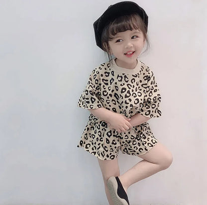 半袖セットアップ Beige / 80cm キッズセットアップ 2点セット レオパードプリント 半袖Tシャツ+キュロットパンツ 4カラー【mh0006108】