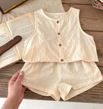 ノースリーブセットアップ beige / 80cm / 取り寄せ（3〜14日） ☺︎ キッズセットアップ 2点セット ノースリーブシャツス+ショートパンツ シンプルベーシック 2カラー