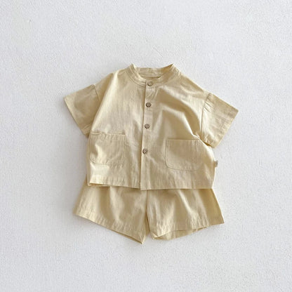 半袖セットアップ beige / 80cm / 取り寄せ（3〜14日） ☺︎ キッズセットアップ 2点セット ノーカラー半袖シャツ ショートパンツ シンプルベーシック 3カラー