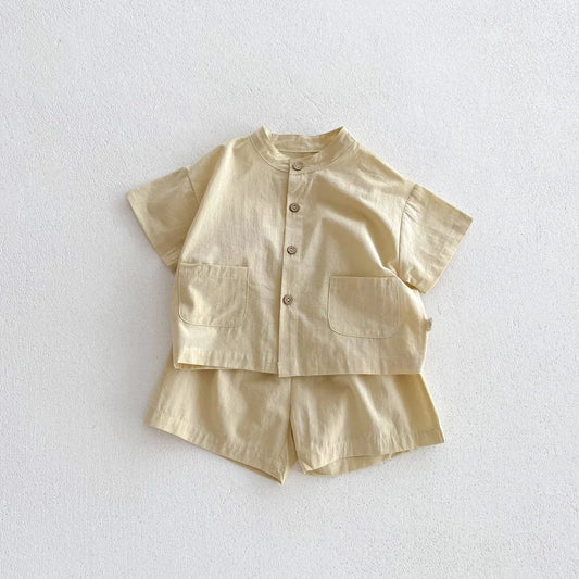 半袖セットアップ beige / 80cm / 取り寄せ（3〜14日） ☺︎ キッズセットアップ 2点セット ノーカラー半袖シャツ ショートパンツ シンプルベーシック 3カラー
