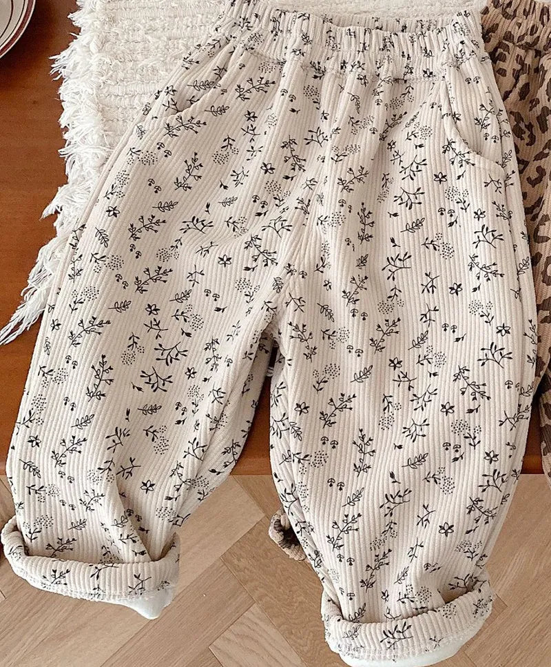 ロングパンツ・スウェットパンツ beige / 80cm / 取り寄せ（7〜21日） キッズパンツ コーデュロイパンツ フラワー小花柄プリント裏フリースパンツ 2カラー