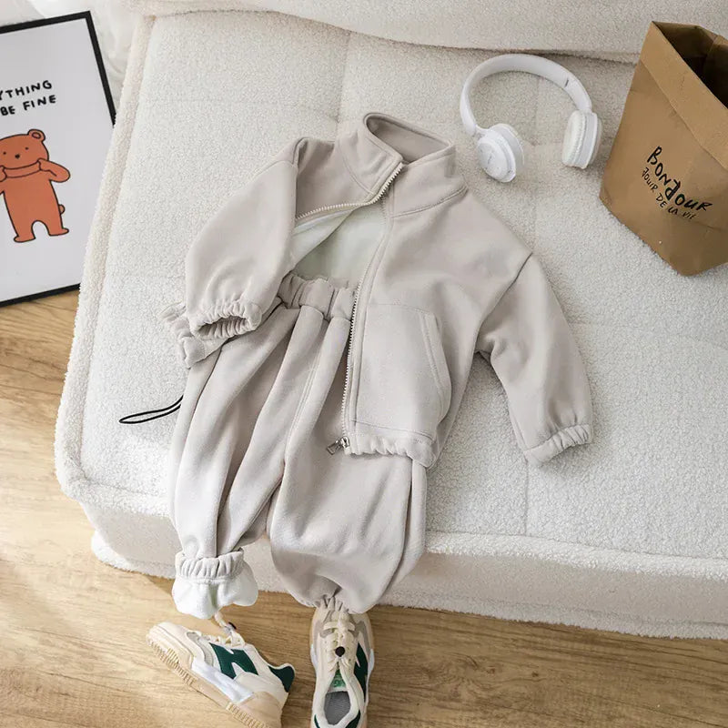 長袖セットアップ Beige / 80cm 9-12M キッズセットアップ 2点セット スタンドカラー裏フリースジッパージャケット+ロングスウェットパンツ 2カラー【mh0007309】