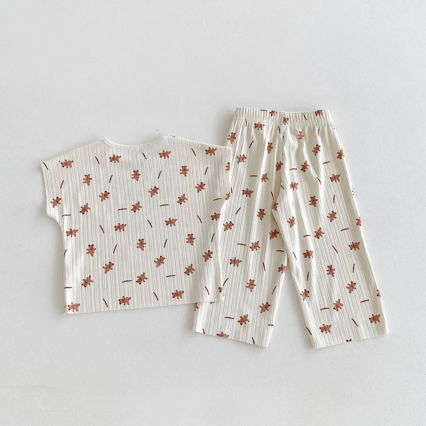 半袖セットアップ beige / 80cm 9-12m キッズセットアップ 2点セット ショートスリーブTシャツ+ワイドルーズパンツ ルームウェア ベアくまプリント 2カラー