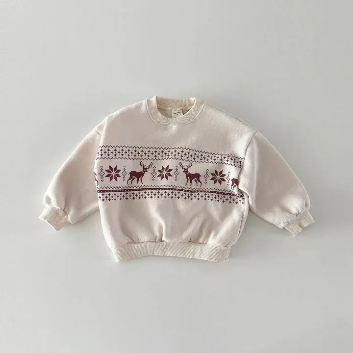 トレーナー・フーディ Beige / 80cm 9-12M キッズトップス トナカイ鹿エルクスノーフレイクプリント裏フリース長袖スウェットシャツトレーナー 3カラー【mh0007506】