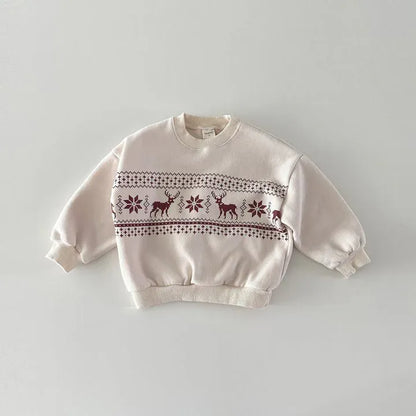 トレーナー・フーディ Beige / 80cm 9-12M キッズトップス トナカイ鹿エルクスノーフレイクプリント裏フリース長袖スウェットシャツトレーナー 3カラー【mh0007506】