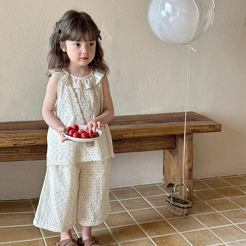 ノースリーブセットアップ beige / 80cm 9-12m / 取り寄せ（7〜21日） キッズセットアップ 2点セット ノースリーブフリル襟ブラウス+ワイドロングパンツ 水玉ドットプリント