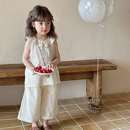ノースリーブセットアップ beige / 80cm 9-12m / 取り寄せ（7〜21日） キッズセットアップ 2点セット ノースリーブフリル襟ブラウス+ワイドロングパンツ 水玉ドットプリント