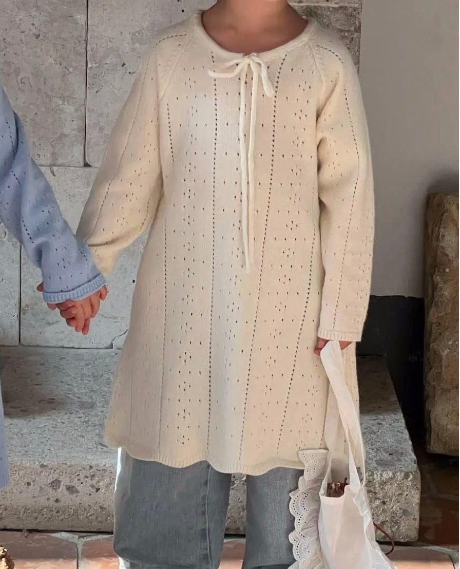 長袖ワンピース beige / 80cm 9-12m / 取り寄せ（7〜21日） キッズワンピース レースニット 長袖ワンピース 2カラー