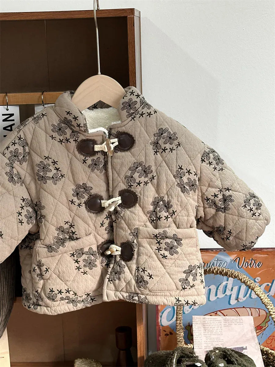 ショートコート・ジャケット・ジャンパー Beige / 80cm キッズアウター 花柄フラワープリント 裏ボアフリースキルティングジャケット  ダッフルコート【mh0003598】