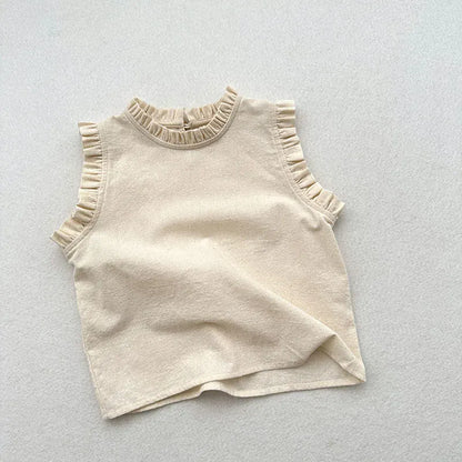 タンクトップ・キャミソール・ノースリーブトップス Beige / 80cm キッズトップス スタンドフリル ノースリーブブラウス 無地/フラワー小花柄プリント【mh0005506】