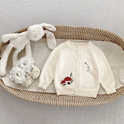 カーディガン・パーカー Beige / 80cm キッズカーディガン ニットジャケット きのこマッシュルーム刺繍 ベージュ【mh0006463】