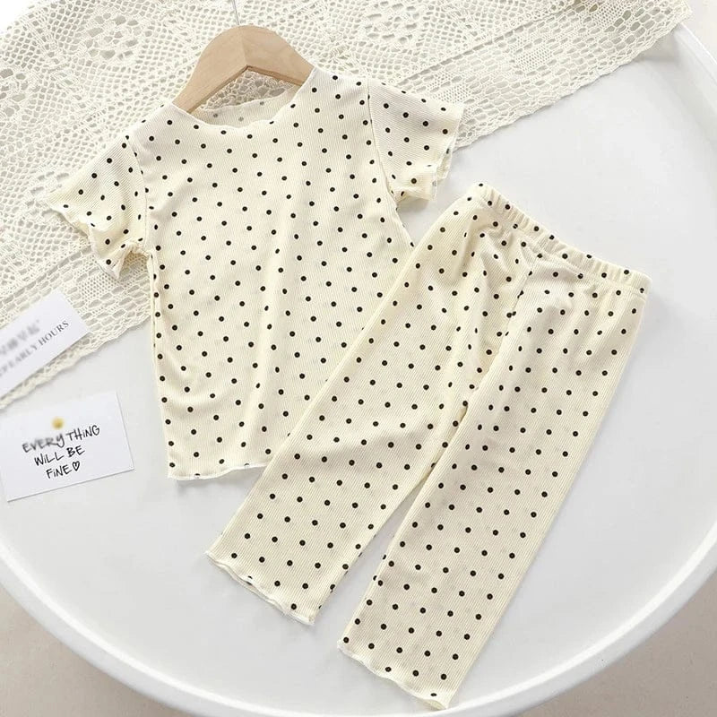 半袖パジャマ Beige / 80cm キッズパジャマ 半袖パジャマセット 半袖Tシャツ+ロングパンツ 水玉ドットプリント 3カラー【mh0006077】