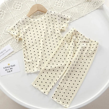 半袖パジャマ Beige / 80cm キッズパジャマ 半袖パジャマセット 半袖Tシャツ+ロングパンツ 水玉ドットプリント 3カラー【mh0006077】