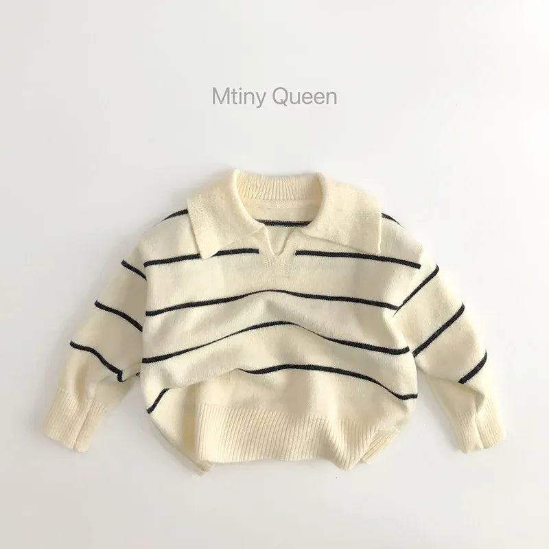 ニット・セーター beige / 80cm キッズトップス ニットセーター ボーダー 襟付き Vネック プルオーバー