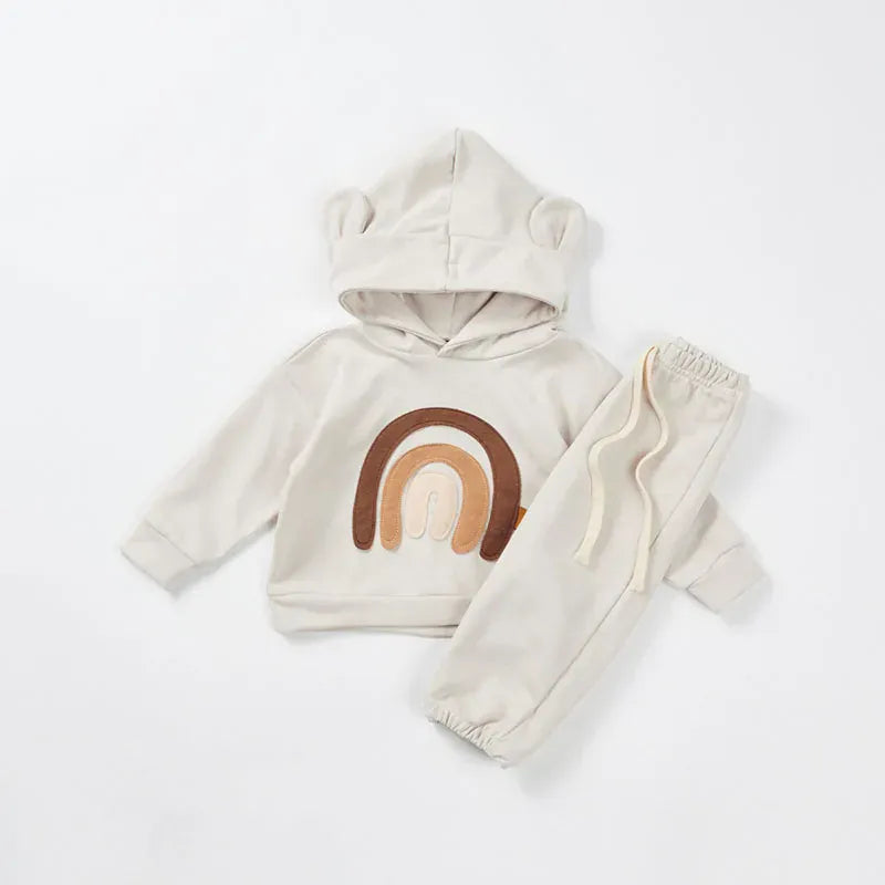 長袖セットアップ Beige / 9-12M 73cm ベビーキッズセットアップ 2点セット くま耳フーディレインボー刺繍スウェットシャツ+ロングパンツ 4カラー【mh0006949】