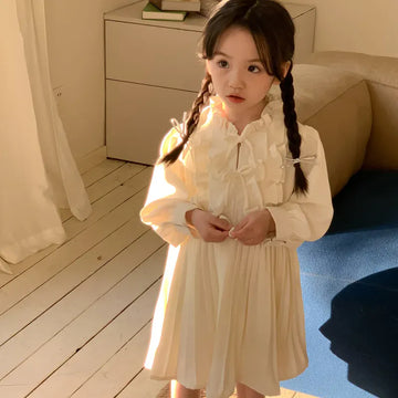 長袖ワンピース beige / 90cm 1-2y キッズワンピース 長袖リボンレースアップ ドレスワンピース お出かけ ベージュ