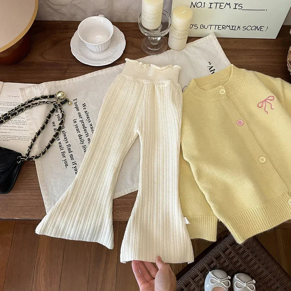 レギンスパンツ Beige / 90cm 1-2y キッズパンツ シンプルリブニットベルボトムフレアレギンスパンツ 4カラー【mh0007560】