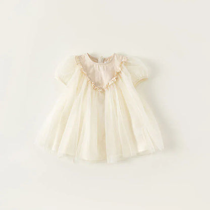 半袖ワンピース beige / 90cm キッズワンピース シフォンチュールスカート 半袖ドレスワンピース 2カラー