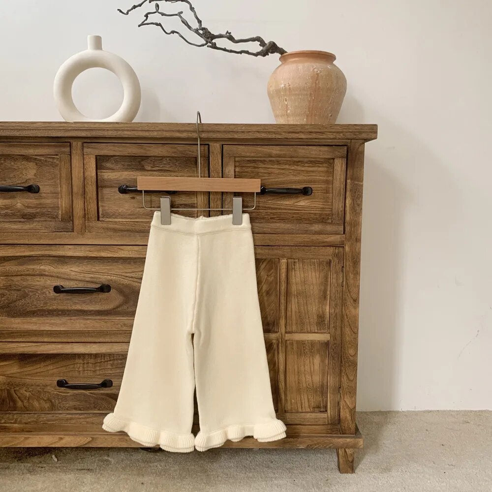 ロングパンツ・スウェットパンツ beige / 90cm キッズ ニットパンツ フリルワイドパンツ ルーズパンツ コーヒー ベージュ 2カラー ガールズ 女の子 子供服