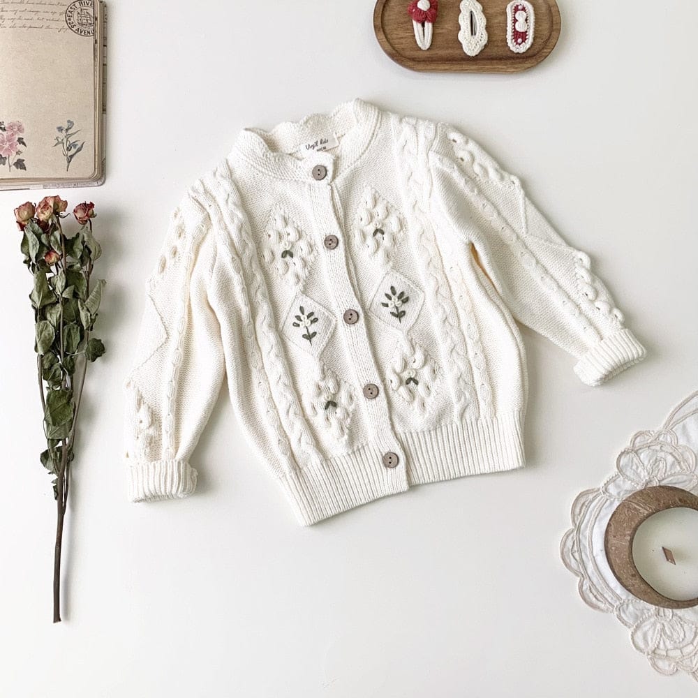 カーディガン・パーカー beige / 90cm キッズ ニット フラワー 刺繍 カーディガン ジャケット ベージュ レッド 2色 ガールズ 女の子