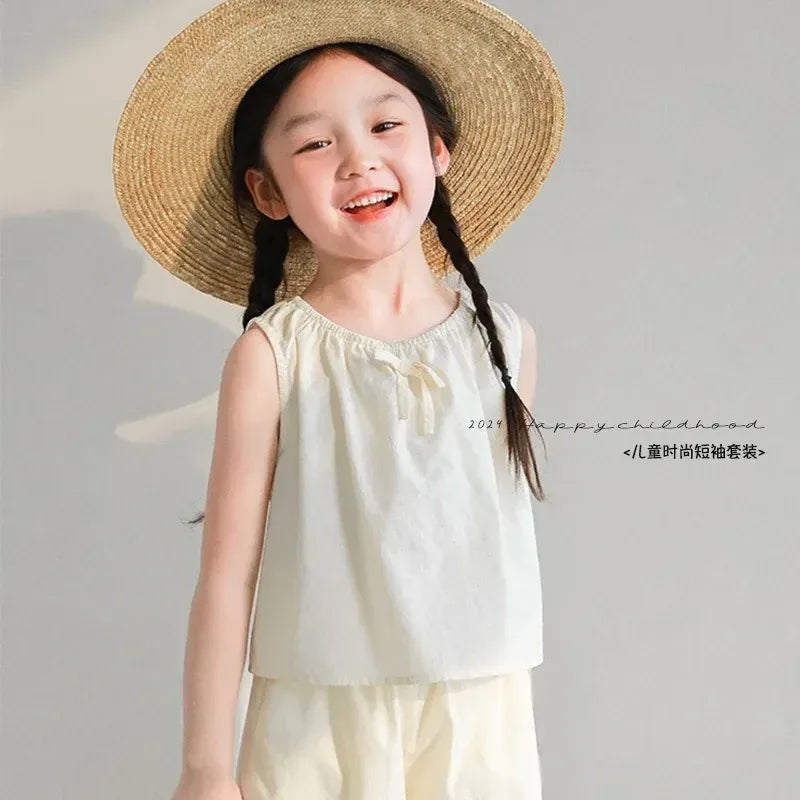 ノースリーブセットアップ Beige / 90cm キッズセットアップ 2点セット ノースリーブブラウス+ルーズクロップドパンツ 3カラー【mh0006117】