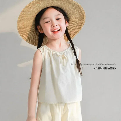 ノースリーブセットアップ Beige / 90cm キッズセットアップ 2点セット ノースリーブブラウス+ルーズクロップドパンツ 3カラー【mh0006117】