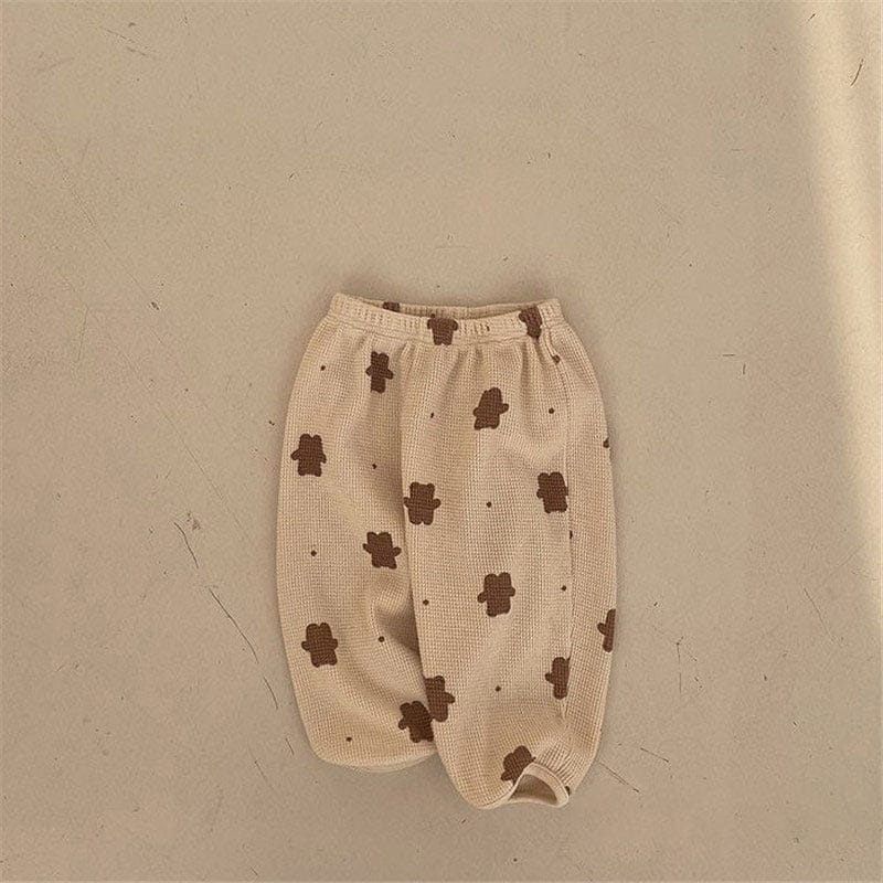 長袖セットアップ Beige / 90cm 【国内発送・送料無料】キッズセットアップ 2点セット 長袖トップス+ロングパンツ ワッフル ベアくまプリント ベージュ 90サイズ